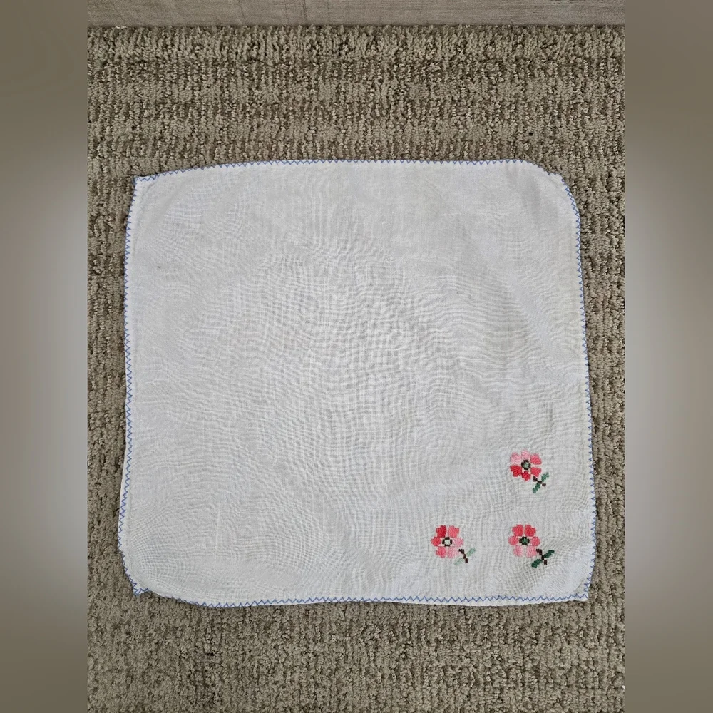 White Linen Napkin Or Handkerchief with Pink Floral Embroidery
